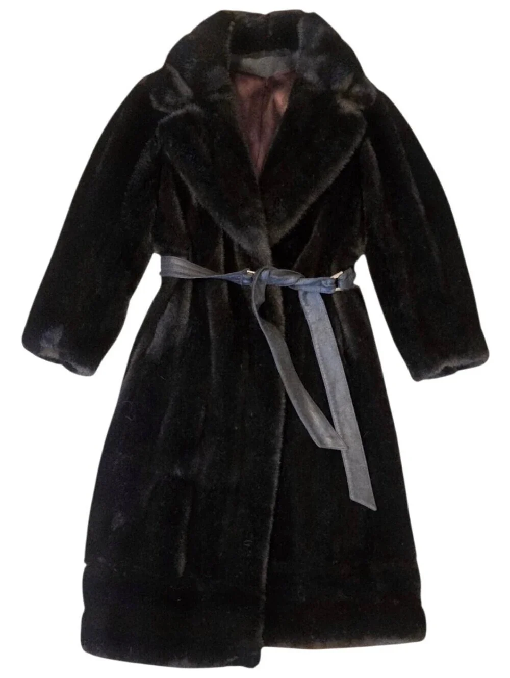 SPORTOWNE dark brown faux fur vintage long coat with belt